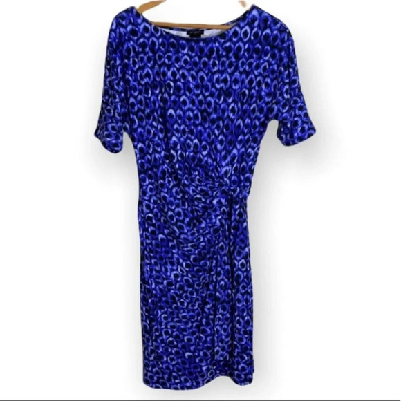 ANN TAYLOR Ruched Tied Waist Dress Blue Print Draped Dolman Sleeve Size M - Picture 2 of 11